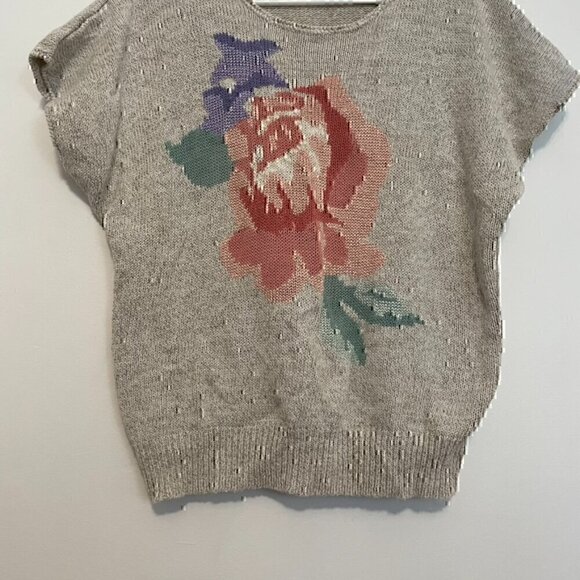 VINTAGE KORET Cream Beige Floral Short Dolman Sleeve Linen Cotton Sweater PETITE - Picture 3 of 11